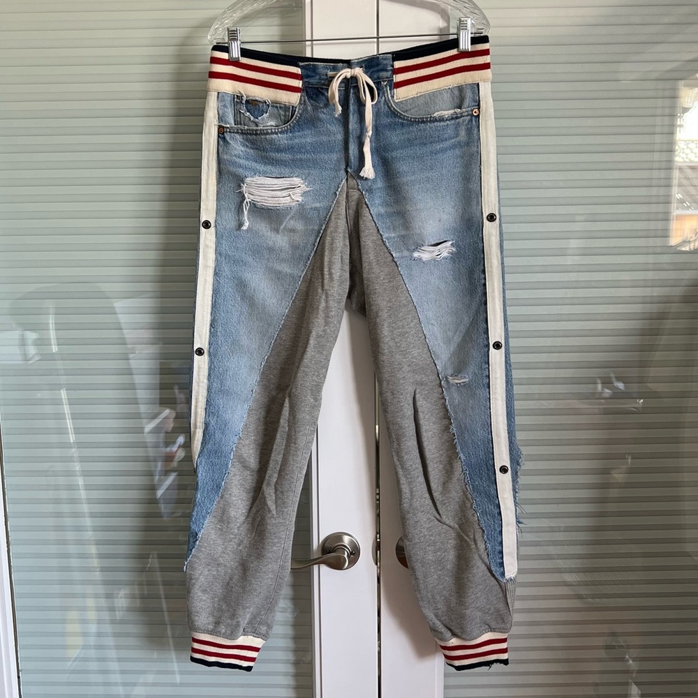 Mixed-Media Distressed Blue Denim & Gray Jogger Sweatpants